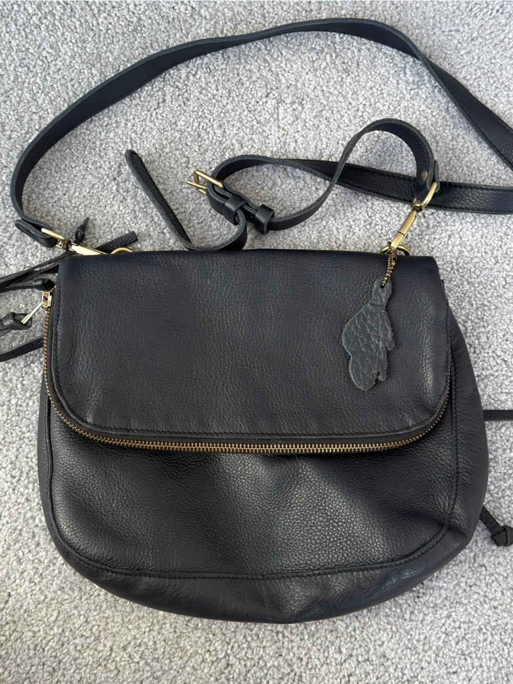 Roots Black Leather Crossbody with Gold Hardware